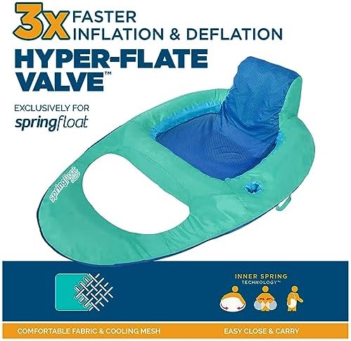 SwimWays Spring Float Recliner Chair for Swimming Pool, Inflatable Pool Floats Adult with Fast Inflation, Cup Holder & Foot Rest for Ages 15 & Up, Aqua