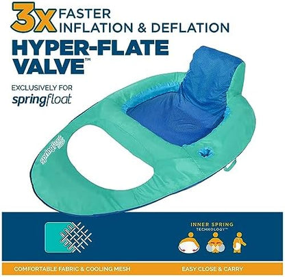 SwimWays Spring Float Recliner Chair for Swimming Pool, Inflatable Pool Floats Adult with Fast Inflation, Cup Holder & Foot Rest for Ages 15 & Up, Aqua