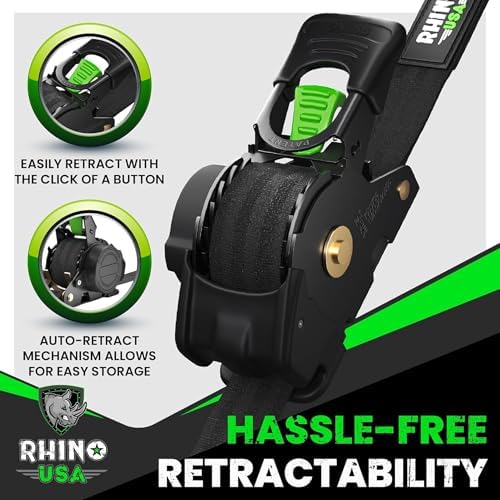 Rhino USA Retractable Ratchet Straps (4-Pack) - 1 Inch x 10 Feet (1,209lb Break Strength) - Heavy Duty Auto Self Retracting Tie Down Straps for Truck, Cargo Trailer, Motorcycle, Rad & More - Black