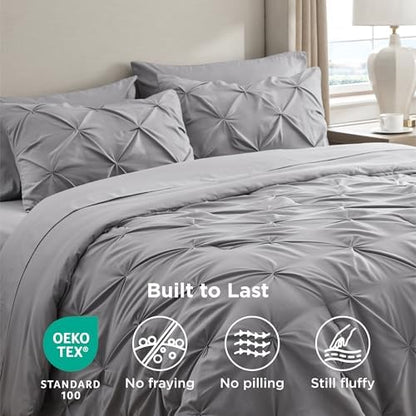 Bedsure Queen Comforter Set Grey - Bed in a Bag Queen Size 7 Pieces, GentleSoft™ Pintuck Bed Set Gift for Family, Pinch Pleat All Season Comforter with Sheets, Pillowcases & Shams