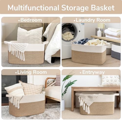 Goodpick Large Woven Blanket Basket, 21.6" x 14.9" x 11.8" Storage Baskets for Organizing, Rectangle Cotton Rope Toy Basket for Living Room, Bedroom, White & Brown
