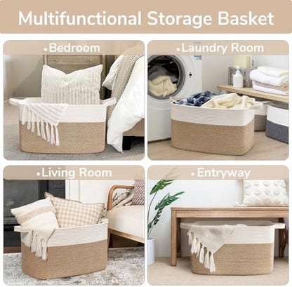 Goodpick Large Woven Blanket Basket, 21.6" x 14.9" x 11.8" Storage Baskets for Organizing, Rectangle Cotton Rope Toy Basket for Living Room, Bedroom, White & Brown