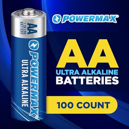 Powermax 100-Count Double AA Batteries, Ultra Long Lasting Alkaline Battery for Home and Office, 10-Year Shelf Life, Reclosable Packaging