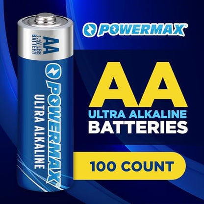 Powermax 100-Count Double AA Batteries, Ultra Long Lasting Alkaline Battery for Home and Office, 10-Year Shelf Life, Reclosable Packaging