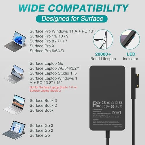 65W Surface Pro Laptop Charger for Microsoft Surface Pro 10, 9, 8, 7+, 7, 6, 5, 4, 3, X, Windows Surface Laptop 6, 5, 4, 3, 2, 1, Surface Go Tablet, Surface Book 3, 2, 1, Support 44W, 36W, LED, 10FT