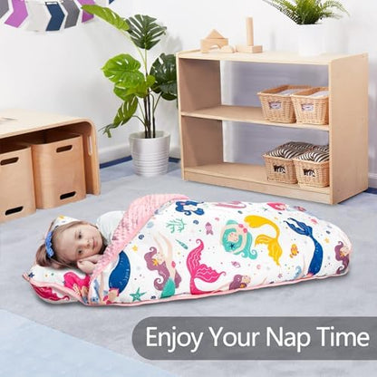 Primlect Thickened Toddler Nap Mat with Removable Pillow and Minky Blanket, Extra Large 55''x35'' Sleeping Bag, Washable, Roll up, Perfect for Daycare, Preschool, Kindergarten, Boys and Girls Mermaid