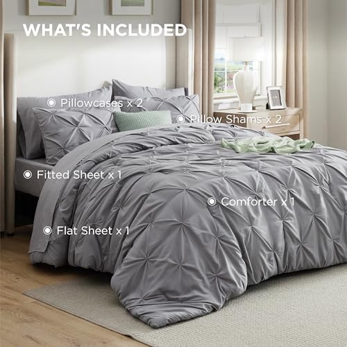 Bedsure Queen Comforter Set Grey - Bed in a Bag Queen Size 7 Pieces, GentleSoft™ Pintuck Bed Set Gift for Family, Pinch Pleat All Season Comforter with Sheets, Pillowcases & Shams