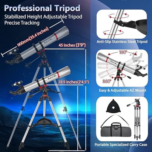Telescope, 90mm Aperture 900mm Refractor Telescope for Adults High Powered, Astronomical Telescopes for Adults Astronomy Beginners with Professional Eyepieces, Tripod, Phone Adapter&Carry Bag