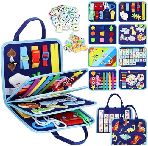 Esjay Toddler Busy Board Montessori Toys for Boys, Sensory Board Educational Activities for Learning Fine Motor Skills, Birthday Gifts for Boys Toddlers, Travel Toys for Airplane Car, Blue Dinosaur