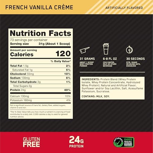 Optimum Nutrition Gold Standard 100% Whey Protein Powder, French Vanilla Crème, 5 Pound (Packaging May Vary)