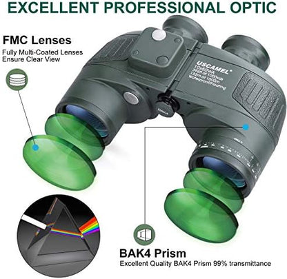 USCAMEL 10X50 Marine Binoculars for Adults with Rangefinder Compass, Waterproof Marine Binoculars for Sailing Boating Fishing
