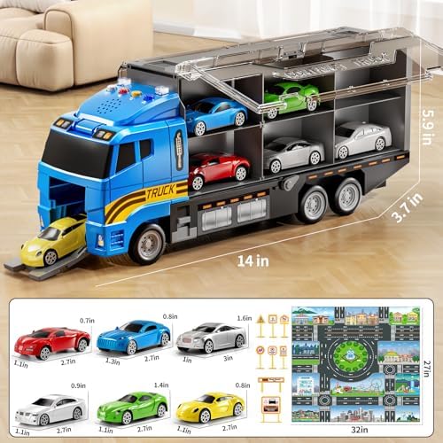 Toddler Boys Toys for 3 4 5 6 Years Old, Truck Vehicle Set with Play Mat, Die-Cast Toy Car Carrier Truck for Kids, Birthday Gifts Toys for 3 4 5 6 7 8+ Year Old Boys
