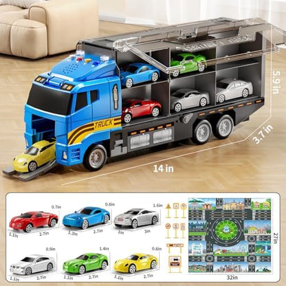 Toddler Boys Toys for 3 4 5 6 Years Old, Truck Vehicle Set with Play Mat, Die-Cast Toy Car Carrier Truck for Kids, Birthday Gifts Toys for 3 4 5 6 7 8+ Year Old Boys