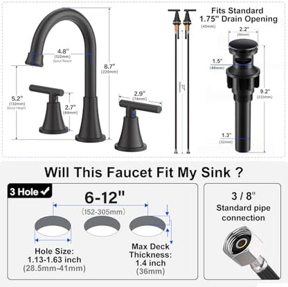 Bathroom Faucets for Sink 3 Hole, Hurran Matte Black Bathroom Sink Faucet with Pop-up Drain and Supply Lines, Stainless Steel Lead-Free Widespread Faucet for Vanity RV Farmhouse Sink