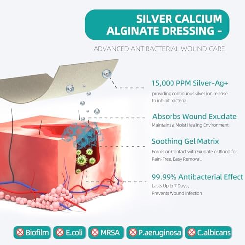 Dimora Upgrade Silver Calcium Alginate Wound Dressing -Antibacterial Non Stick Gauze for Wounds Care, Highly Absorbent Sterile Bandage Pads with Ag, 3'' x 3'' Patches 12 Packs Individual