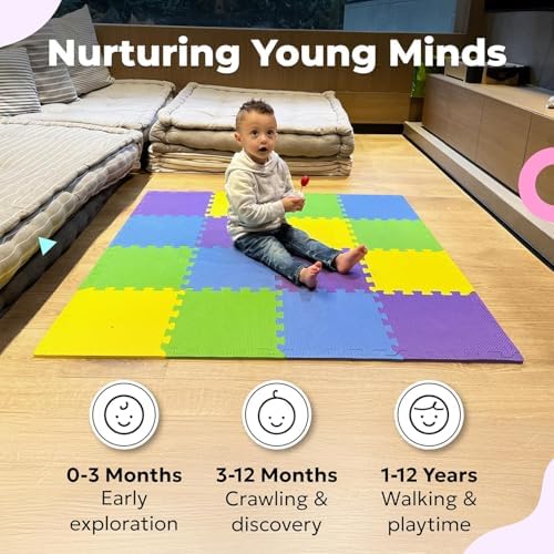 MioTetto Foam Floor Tiles for Kids - Non-Toxic Comfortable Baby Play Mat and Interlocking Foam Tiles, Fits with 50x50 Playpen Mat for Crawling & Development, Soft Play Mat for Babies 6-12 Months