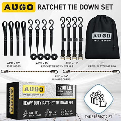 AUGO Ratchet Straps Heavy Duty 4 Pack -15 FT - 2200 LB Break Strength – with Safety Lock S Hooks - Cargo Straps for Moving, Appliances, Motorcycle – Soft Loop Tie Down Straps