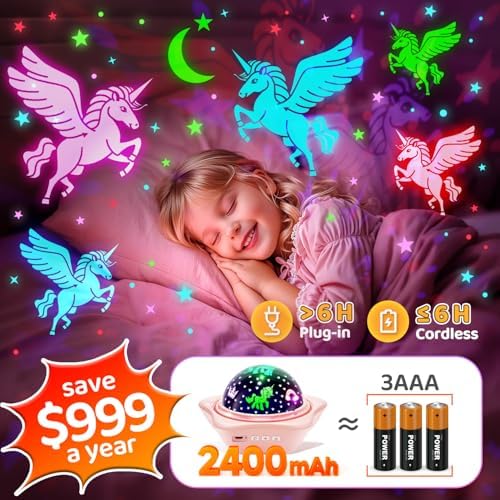 One Fire Unicorns Gifts for Girls Toys, 6 Films Unicorn Night Light Projector for Bedroom,Rechargeable Night Light for Girls Gifts,360° Rotating Butterfly Lamp,Unicorn Toys Mermaid Toys Princess Gifts