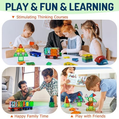 EchoPlan Magnetic Tiles, 130PCS Magnetic Blocks with 2 Cars, Magnet Tiles 3D Clear Building Blocks Set, STEM Sensory Educational Toys Gift for Toddlers Kids Boys 3 4 5 6 7 8 9+ Year Old