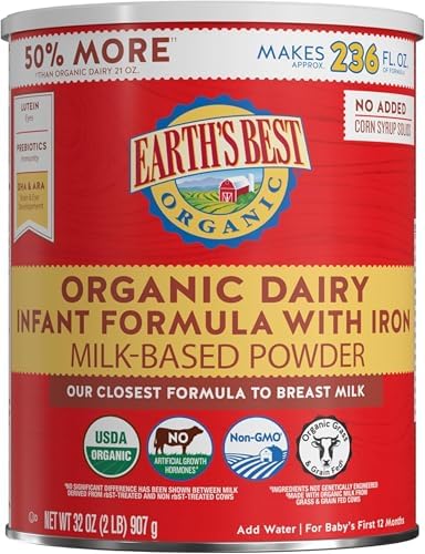 Earth's Best Organic Baby Formula for Babies 0-12 Months, Powdered Dairy Infant Formula with Iron, Omega-3 DHA, and Omega-6 ARA, 32 oz Formula Container