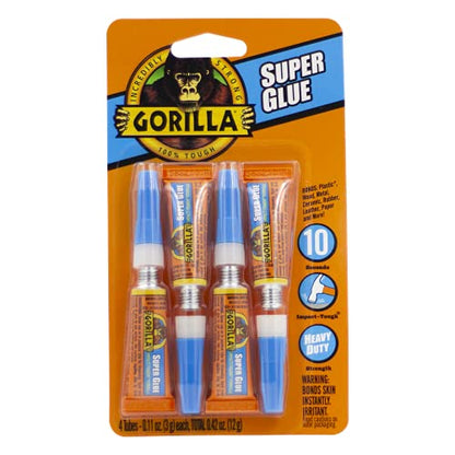 Gorilla Super Glue, Clear Glue, Four 3 Gram Tubes (Pack of 10) - All Purpose and Fast Setting for Projects and Repairs