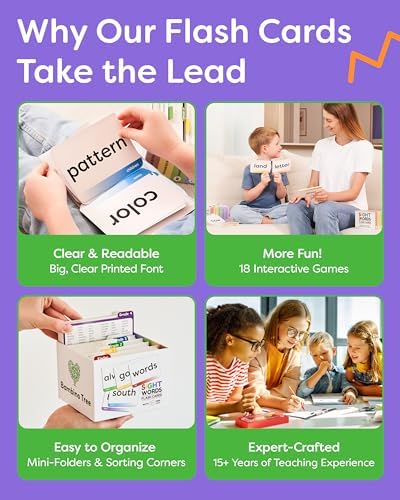 Sight Words Flash Cards Kindergarten to 4th Grade - 600 Words from Dolch's and Fry's Lists on Thick Durable Large Educational Cards with Sorting Corner and 18 Mini Learning Games