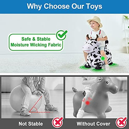 iPlay, iLearn Bouncy Pals Hopping Cow Horse, Toddler Girl Boy Inflatable Bouncing Animal Hopper Toy, Outdoor Indoor Plush Ride on Bouncer, Baby Birthday Gift 18 Month 2 3 4 Year Old Kid - Cow