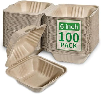 Aricsen Compostable 100 Pack 6x6 Inch Disposable Square Small Lunch Box Takeout Containers with Lid To Go Take Out Clamshell for Food, Eco-Friendly Biodegradable Bagasse, PFAS-Free, Unbleached Brown