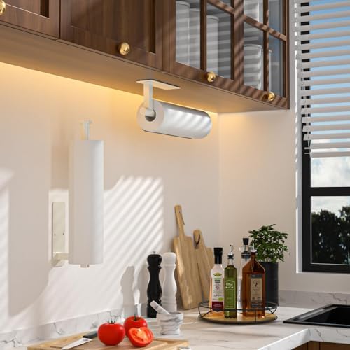 ASTOFLI Paper Towel Holder Under Cabinet No Drilling, Self Adhesive Paper Towel Holder Wall Mount for Kitchen Rack, Under Counter Napin Holder No Drill, RV, 304 Stainless Steel, White 2 Pack