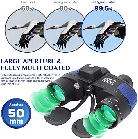 AOMEKIE 7X50 Marine Waterproof Binoculars for Adults with Illuminated Rangefinder Compass BAK4 IPX7 for Boating Military Navigation Hunting Fishing Water Sports