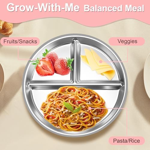 Stainless Steel Toddler Plates Silicone Suction,3 Packs Non-Slip Baby Plates,Divided Portion,Food-Grade Silicone Plate for Kids,LEAD-FREE Dishwasher Safe,Blue Mint Green Grey