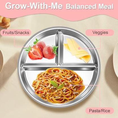 Stainless Steel Toddler Plates Silicone Suction,3 Packs Non-Slip Baby Plates,Divided Portion,Food-Grade Silicone Plate for Kids,LEAD-FREE Dishwasher Safe,Blue Mint Green Grey