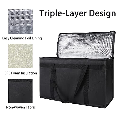 Bodaon 2-Pack Insulated Food Delivery Bag, XX-Large Reusable Grocery Shopping Bag, Frozen Food Cold, Cooler Bags with Zippered Top, Black