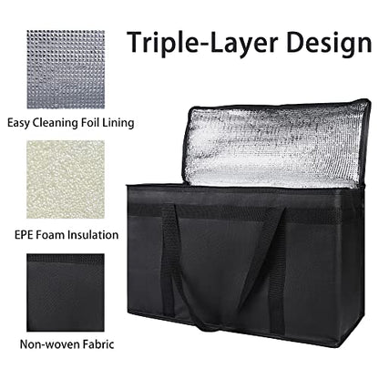 Bodaon 2-Pack Insulated Food Delivery Bag, XX-Large Reusable Grocery Shopping Bag, Frozen Food Cold, Cooler Bags with Zippered Top, Black