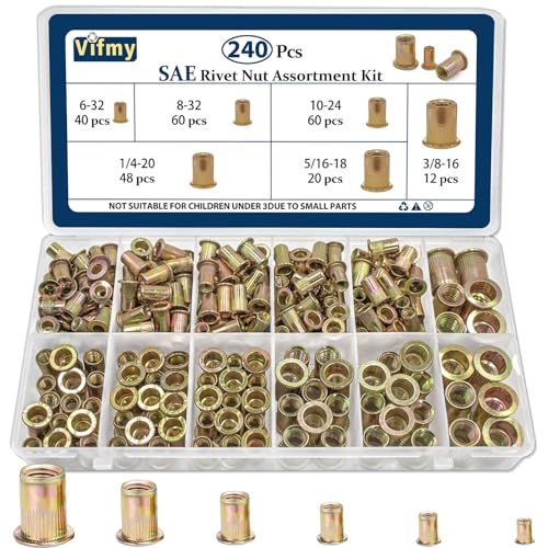 SAE Rivet Nut Assortment Kit(240Pcs),#6-32#8-32#10-24 1/4"-20 5/16"-18 3/8"-16 UNC Rivnut Threaded Insert Nut Set,Zinc Plated Finish Carbon Steel Nutsert