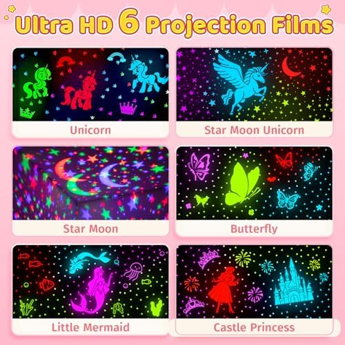 One Fire Unicorns Gifts for Girls Toys, 6 Films Unicorn Night Light Projector for Bedroom,Rechargeable Night Light for Girls Gifts,360° Rotating Butterfly Lamp,Unicorn Toys Mermaid Toys Princess Gifts
