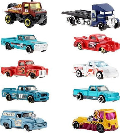 Hot Wheels 10-Pack, Set of 10 Toy Trucks in 1:64 Scale, Mix of Officially Licensed & Unlicensed Pick-Ups, Rescue or Semis (Styles May Vary)