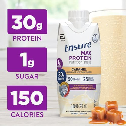 Ensure Max Protein Shake | Caramel | Ready to Drink | 30g Protein for Muscle Health | 1g Sugar, 4g Fiber | 11 fl oz, 12 Pack