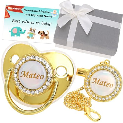 Personalized Pacifier with Name, Bling Gold Pacifier Clip Set with Gift Box Greeting Card, Glitter Crystal Luxurious Soother Dummy Ideal Gift for Boys Baby Shower Newborn Photography(Gold)