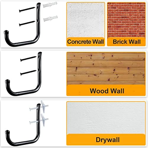 KURUI Wall Hooks for Garage Garden, 4 Pack Water Hose Holder, Large Garage Storage Hanger for Ladder Bike Extension Cord Tool, Wall Mount l Hooks, Black Heavy Duty 8 inch Long Hook