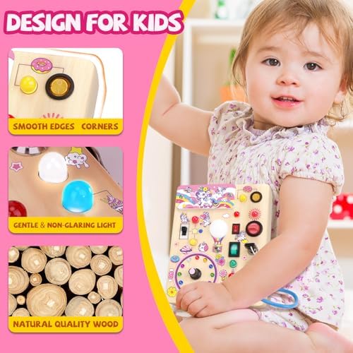 Unicorn Busy Board, Montessori Wooden Toddler Toys, Sensory Travel Toys, Ideal Gift for 1+ Year Old Girls (Unicorn Busy Board Plus V2)
