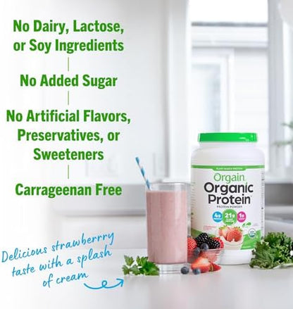 Orgain Organic Vegan Protein Powder, Strawberries & Cream - 21g of Plant Based Protein, Low Net Carbs, Gluten/ Lactose Free, No Sugar Added, Soy Free, Non-GMO, 2.03 Lb