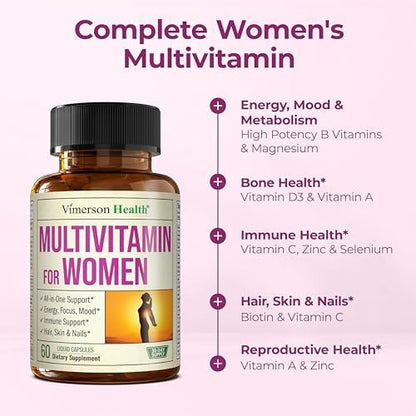 Multivitamin for Women – Essential Womens Multivitamins & Multiminerals 60 Liquid Capsules with Vitamin B12, A, D, C, Zinc, Magnesium & More for Total Wellness – 29 Key Nutrients & Vitamins for Women