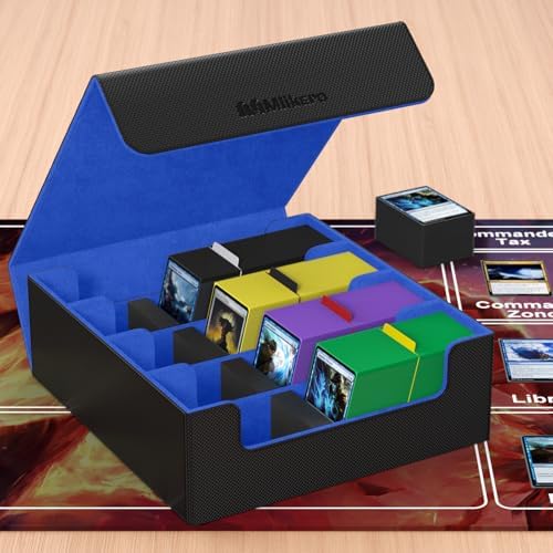 Mlikero Card Deck Case, 2400+ Trading Card Storage Box with 10 Colorful Dividers and 4 Foam Stoppers, Leather Magnetic Closure Commander Deck Box Fit for MTG, TCG (4 Rows, Black&Blue)