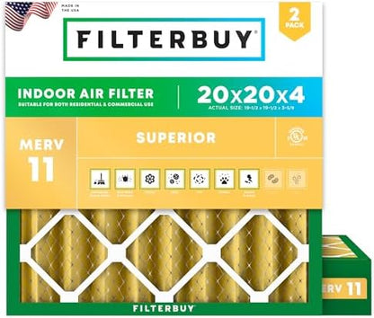 Filterbuy 20x20x4 Air Filter MERV 11 Allergen Defense (2-Pack), Pleated HVAC AC Furnace Air Filters Replacement (Actual Size: 19.50 x 19.50 x 3.63 Inches)