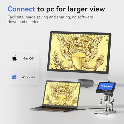 TOMLOV 1000X Coin Microscope with 4.3" Screen, Digital Microscope Magnifier with LED Lights, Metal Stand, PC View, Photo/Video, 32GB SD Card, Windows, macOS Compatible, DM4S