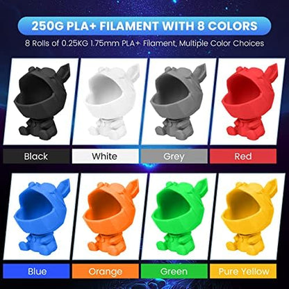 SUNLU 3D Printer Filament Pack, 0.25kg Each Spool, Total 2kg, Mini Spool, PLA+ Filament 1.75mm, 8 Packs, Black+White+Grey+Blue+Green+Red+Orange+PureYellow