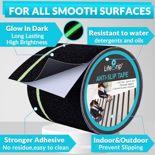 LifeGrip Anti Slip Traction Tape with Glow in Dark Green Stripe, 4 Inch x 38 Feet - Best Grip, Friction, Abrasive Adhesive for Stairs, Tread Step, Indoor and Outdoor, Black (4 inch X 38 feet)