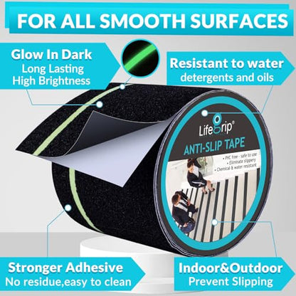 LifeGrip Anti Slip Traction Tape with Glow in Dark Green Stripe, 4 Inch x 38 Feet - Best Grip, Friction, Abrasive Adhesive for Stairs, Tread Step, Indoor and Outdoor, Black (4 inch X 38 feet)