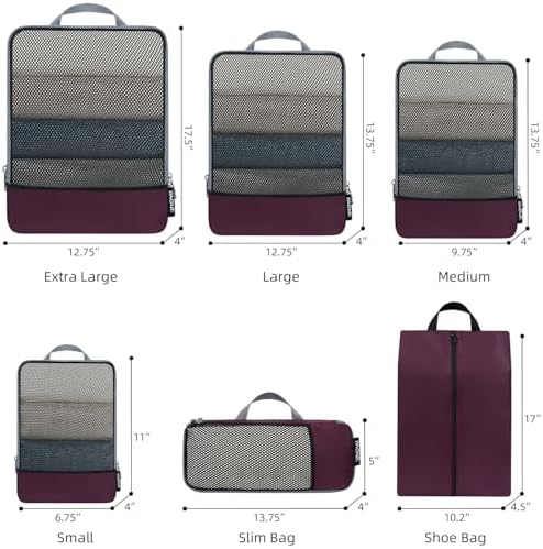 BAGAIL 4 Set/6 Set/8 Set Compression Packing Cubes Travel Accessories Expandable Packing Organizers (Half Mesh, 6-Burgundy)